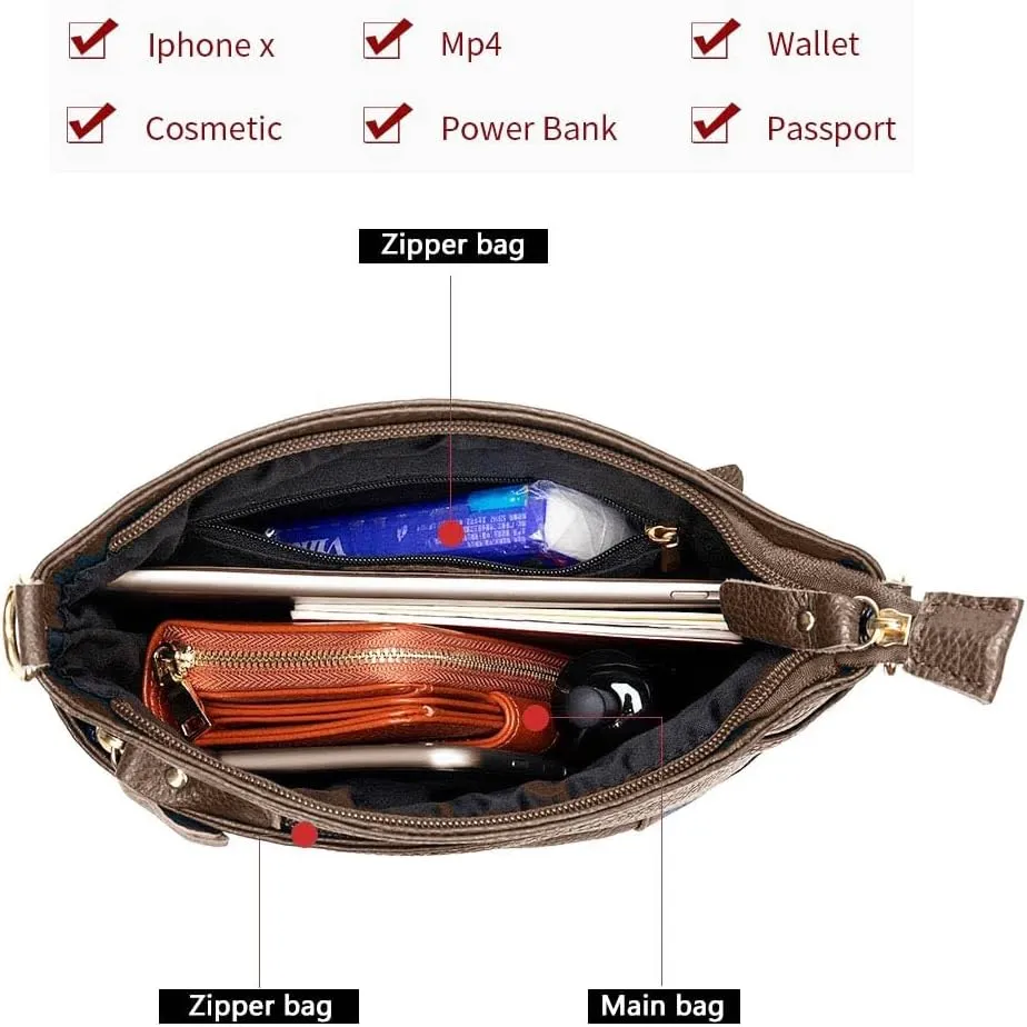Real Leather Meduim size soft leather Crossbody Bag, Real Leather Purse with 3 component for easy access to your essentials