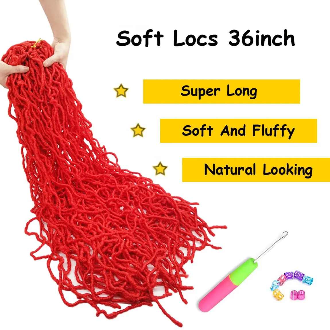 Red Faux Soft Locs 36 Inch 7 Packs Bright Red Color Crochet Locs Hair Whole Strand No Extended Pre-looped Long Locs Synthetic Crochet Braids Hair Extensions For Black Women (36inch, 7packs, Red)