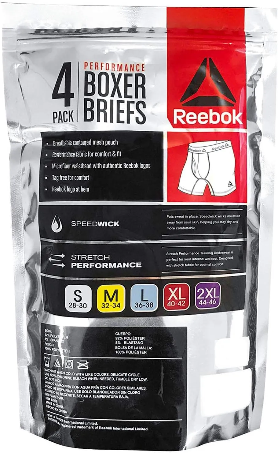 Reebok Men's Boxer Briefs - 4 Pack Soft Performance Boxers for Men with Fly Pouch - Quick Dry Active Mens Underwear Pack S-XL