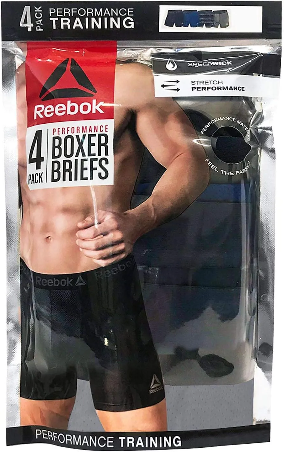 Reebok Men's Boxer Briefs - 4 Pack Soft Performance Boxers for Men with Fly Pouch - Quick Dry Active Mens Underwear Pack S-XL