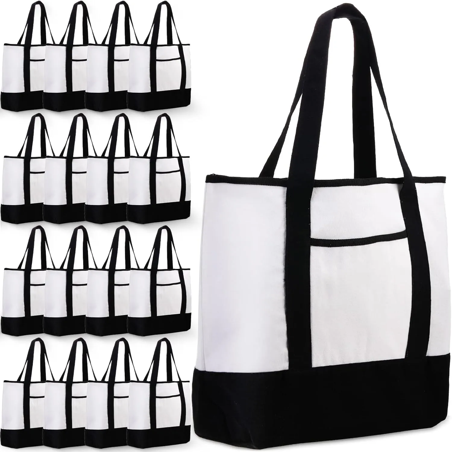 Reginary 16 Pcs Canvas Tote Bags Bulk with Outer Pocket 18 Inch Reusable Shopping Grocery Blank Tote Bag for Women Mother DIY