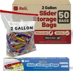 Reli. 2 Gallon Slider Bags (50 Count) 13x15 inch Jumbo Food Storage Bags, 2 Gallon | Slider, Write on Label | 2Gal Sliding Storage | Extra Large Clear w/Red Sliding Closure for Food