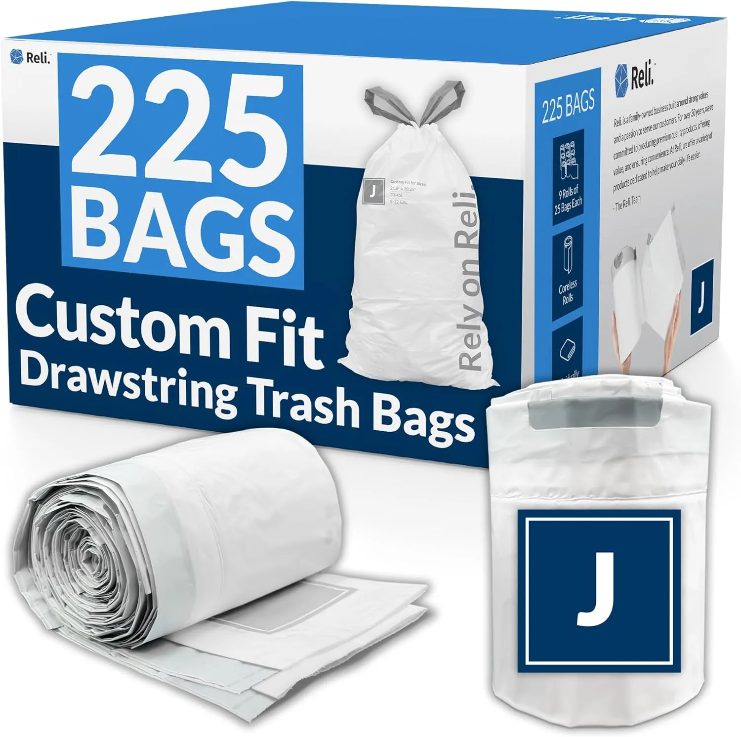 Reli. Custom Fit J Trash Bags (225 Count) Fits Simplehuman Code J Bags 30-45 L, 8-12 Gal | Drawstring Trashbag | White 8 Gallon Trashbags Drawstring | 21.6x30.25" (9 Rolls) 1.2 Mil