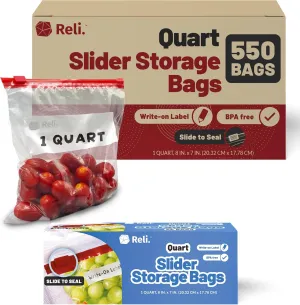 Reli. Slider Quart Storage Bags (550 Count) 8x7 inch, Quart Slider Bags, Food Storage | 1Qt Size, Write on Label | Bulk Clear w/Red Closure for Snacks, Lunch, Meal Prep
