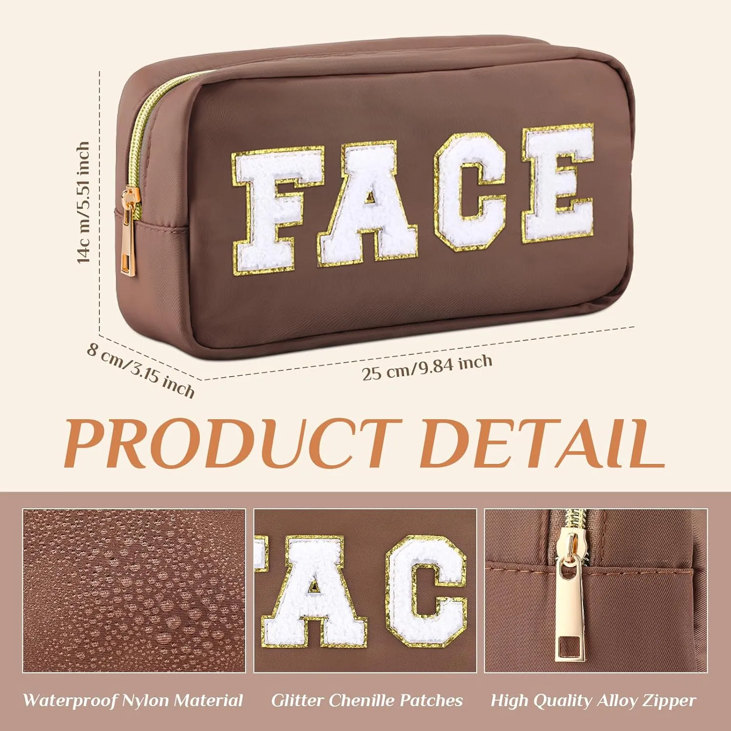 Remerry 4 Pcs Travel Toiletry Bags for Women Nylon Makeup Bag Organizer Cosmetic Chenille Letter Pouch Zipper Preppy Waterproof Hair Pouch Christmas Gift (Brown Series)