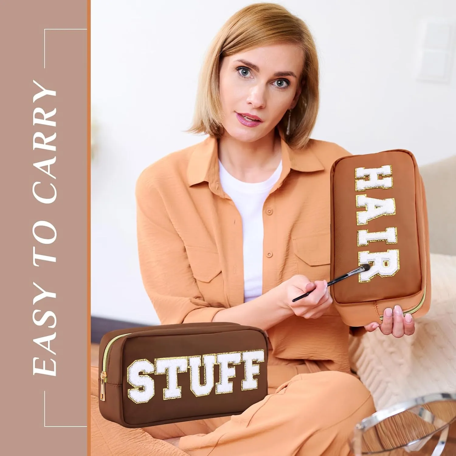 Remerry 4 Pcs Travel Toiletry Bags for Women Nylon Makeup Bag Organizer Cosmetic Chenille Letter Pouch Zipper Preppy Waterproof Hair Pouch Christmas Gift (Brown Series)
