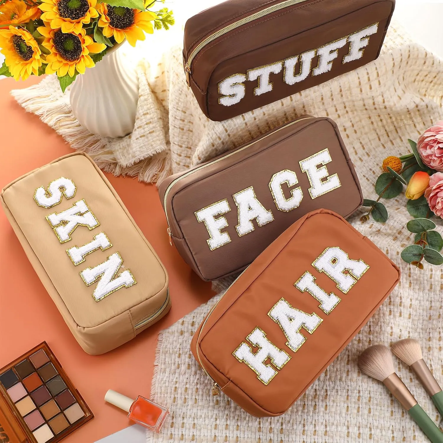 Remerry 4 Pcs Travel Toiletry Bags for Women Nylon Makeup Bag Organizer Cosmetic Chenille Letter Pouch Zipper Preppy Waterproof Hair Pouch Christmas Gift (Brown Series)