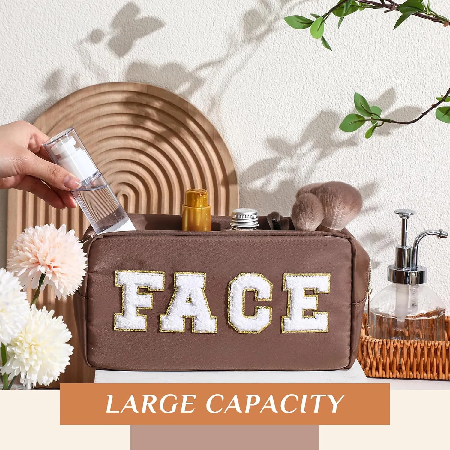 Remerry 4 Pcs Travel Toiletry Bags for Women Nylon Makeup Bag Organizer Cosmetic Chenille Letter Pouch Zipper Preppy Waterproof Hair Pouch Christmas Gift (Brown Series)