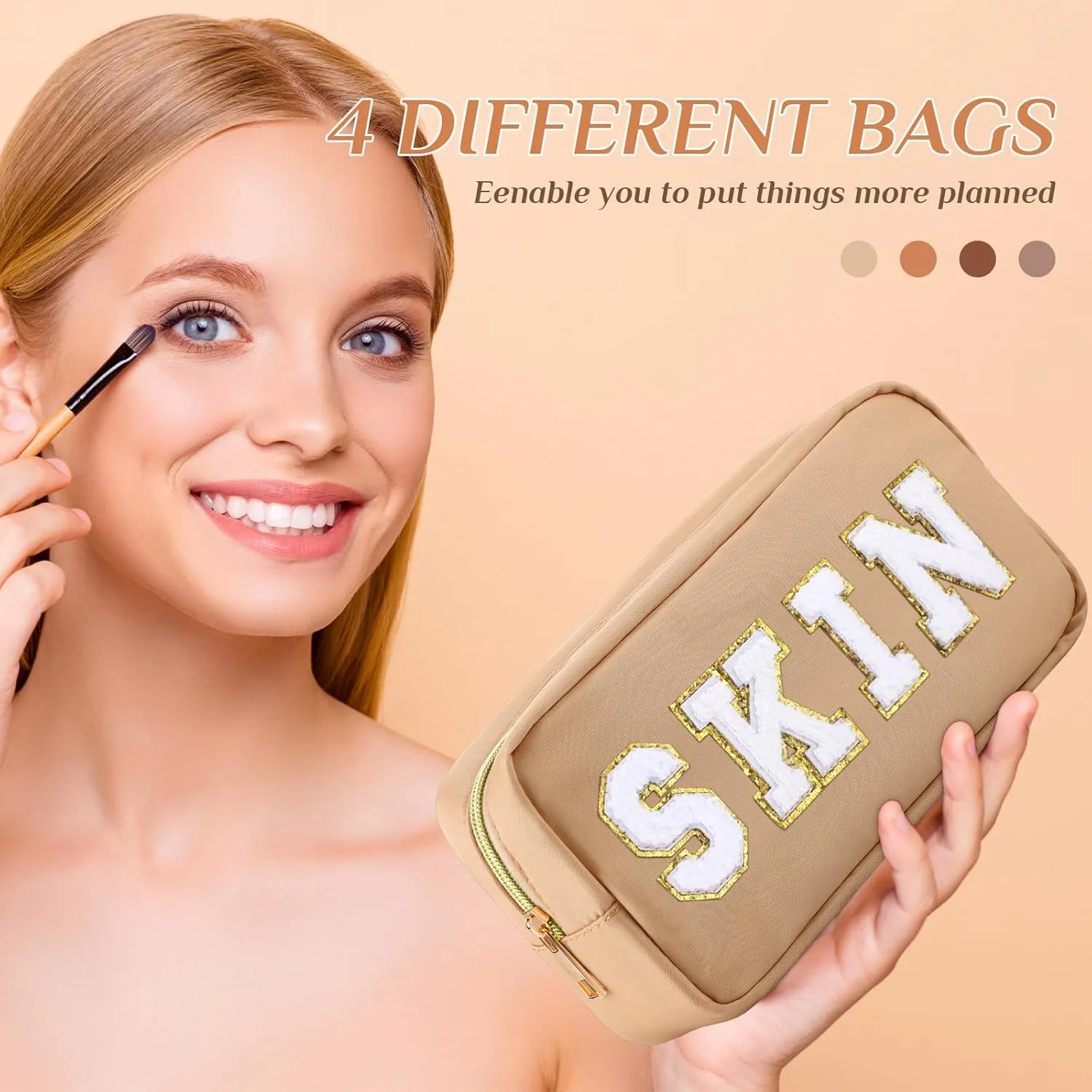 Remerry 4 Pcs Travel Toiletry Bags for Women Nylon Makeup Bag Organizer Cosmetic Chenille Letter Pouch Zipper Preppy Waterproof Hair Pouch Christmas Gift (Brown Series)