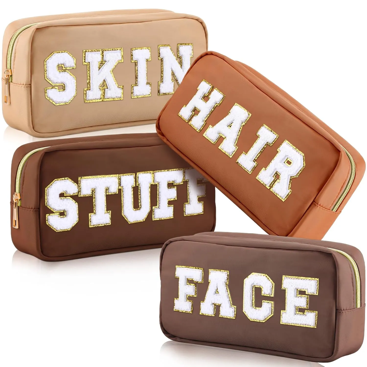 Remerry 4 Pcs Travel Toiletry Bags for Women Nylon Makeup Bag Organizer Cosmetic Chenille Letter Pouch Zipper Preppy Waterproof Hair Pouch Christmas Gift (Brown Series)