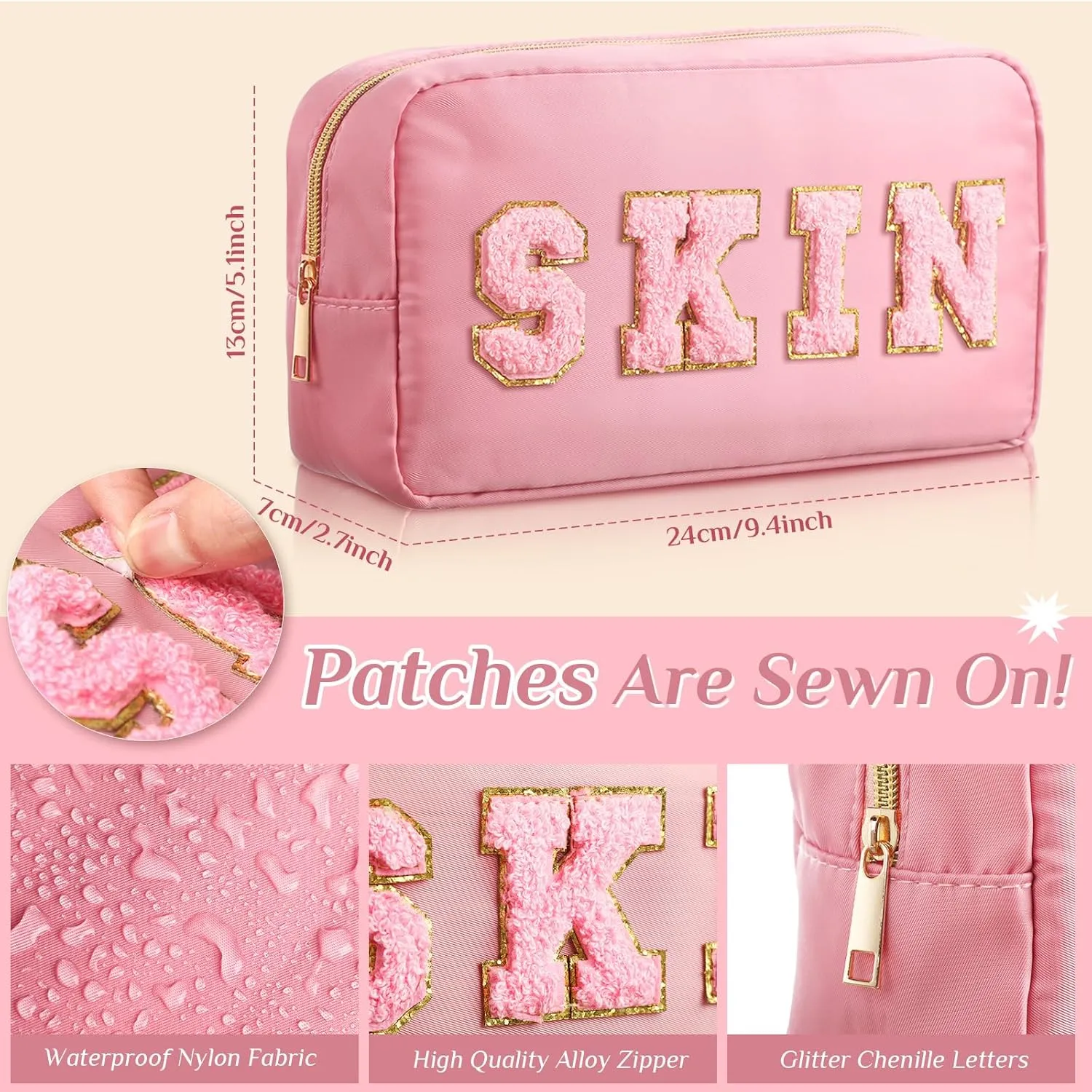 Remerry 4 Pcs Travel Toiletry Bags for Women Nylon Makeup Bag Organizer Cosmetic Chenille Letter Pouch Zipper Preppy Waterproof Hair Pouch Christmas Gift (Light Brown, Beige, Light Pink, White)
