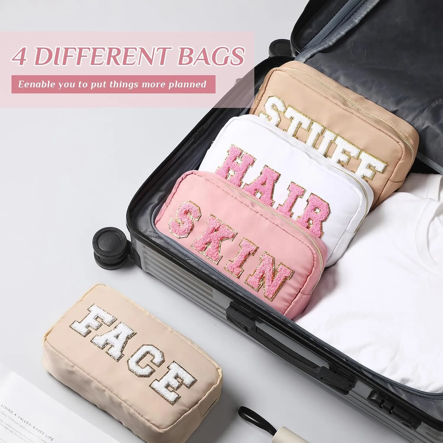 Remerry 4 Pcs Travel Toiletry Bags for Women Nylon Makeup Bag Organizer Cosmetic Chenille Letter Pouch Zipper Preppy Waterproof Hair Pouch Christmas Gift (Light Brown, Beige, Light Pink, White)
