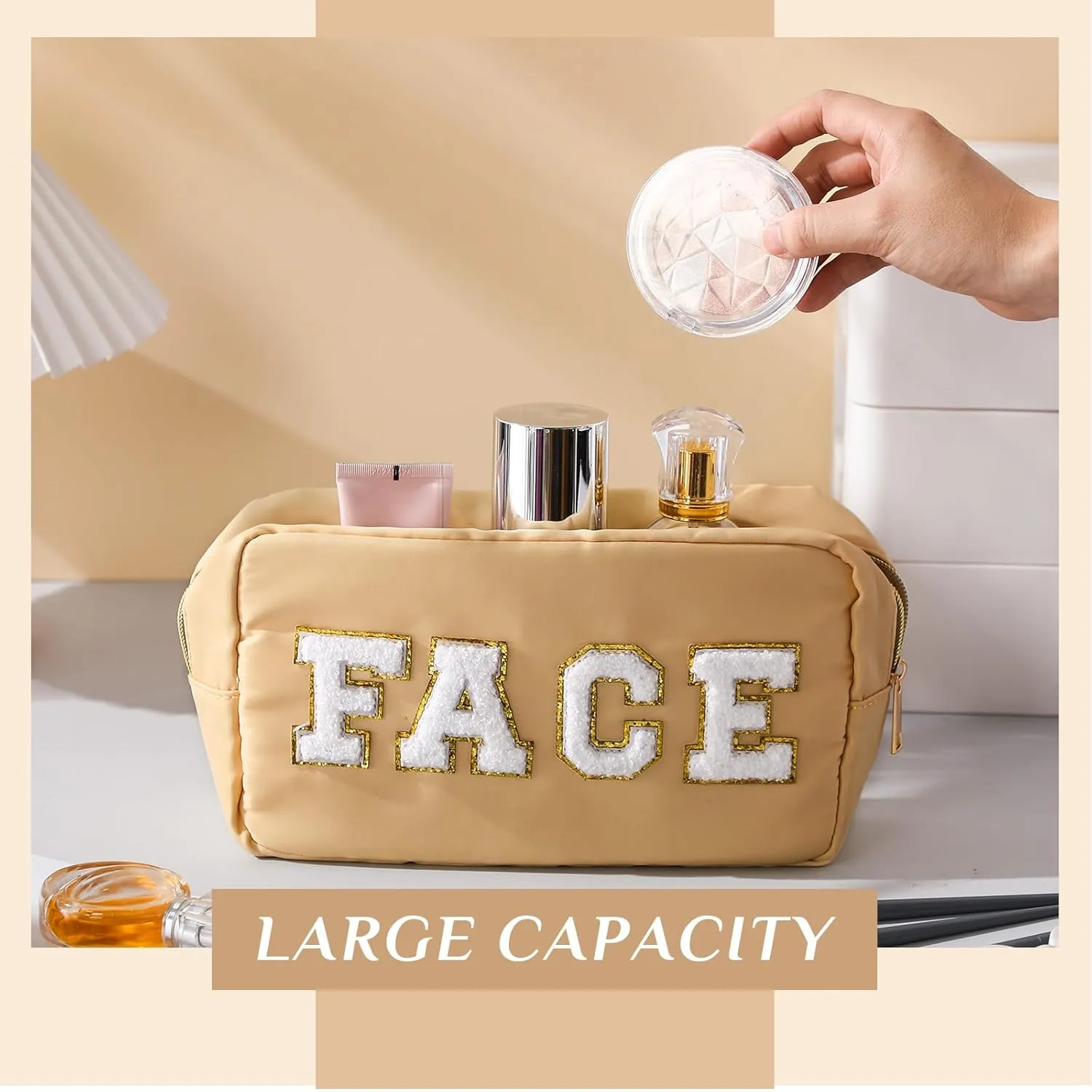 Remerry 4 Pcs Travel Toiletry Bags for Women Nylon Makeup Bag Organizer Cosmetic Chenille Letter Pouch Zipper Preppy Waterproof Hair Pouch Christmas Gift (Light Brown, Beige, Light Pink, White)