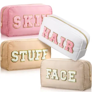 Remerry 4 Pcs Travel Toiletry Bags for Women Nylon Makeup Bag Organizer Cosmetic Chenille Letter Pouch Zipper Preppy Waterproof Hair Pouch Christmas Gift (Light Brown, Beige, Light Pink, White)