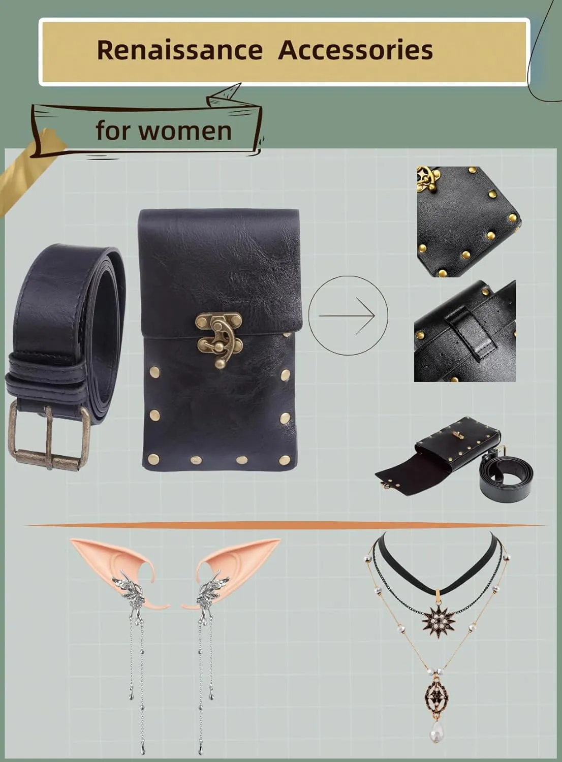 Renaissance Costume Women Fairy Steampunk Costume for Woman Medieval Dress with Belt Pouch Fanny Pack 5PCS