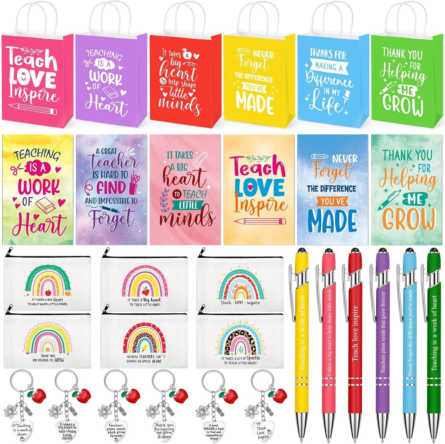 Resholder 30 Pieces Teacher Appreciation Gifts, 6 Rainbow Makeup Bags 6 Paper Gift Bags 6 Keychains with Apple Pendants 6 Inspirational Notepads Small Pocket Notebook and 6 Ballpoint Pen Office