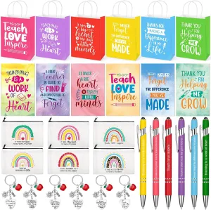 Resholder 30 Pieces Teacher Appreciation Gifts, 6 Rainbow Makeup Bags 6 Paper Gift Bags 6 Keychains with Apple Pendants 6 Inspirational Notepads Small Pocket Notebook and 6 Ballpoint Pen Office