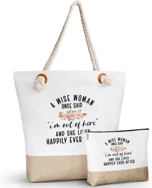 Retirement Gifts for Woman 2024, Happy Cool Retirement Gifts for Women, Grandma, Coworker, Teacher, Retirees, A Wise Woman Once Said Travel Favors for Women - Canvas Tote Bag & Makeup Bag with Zipper