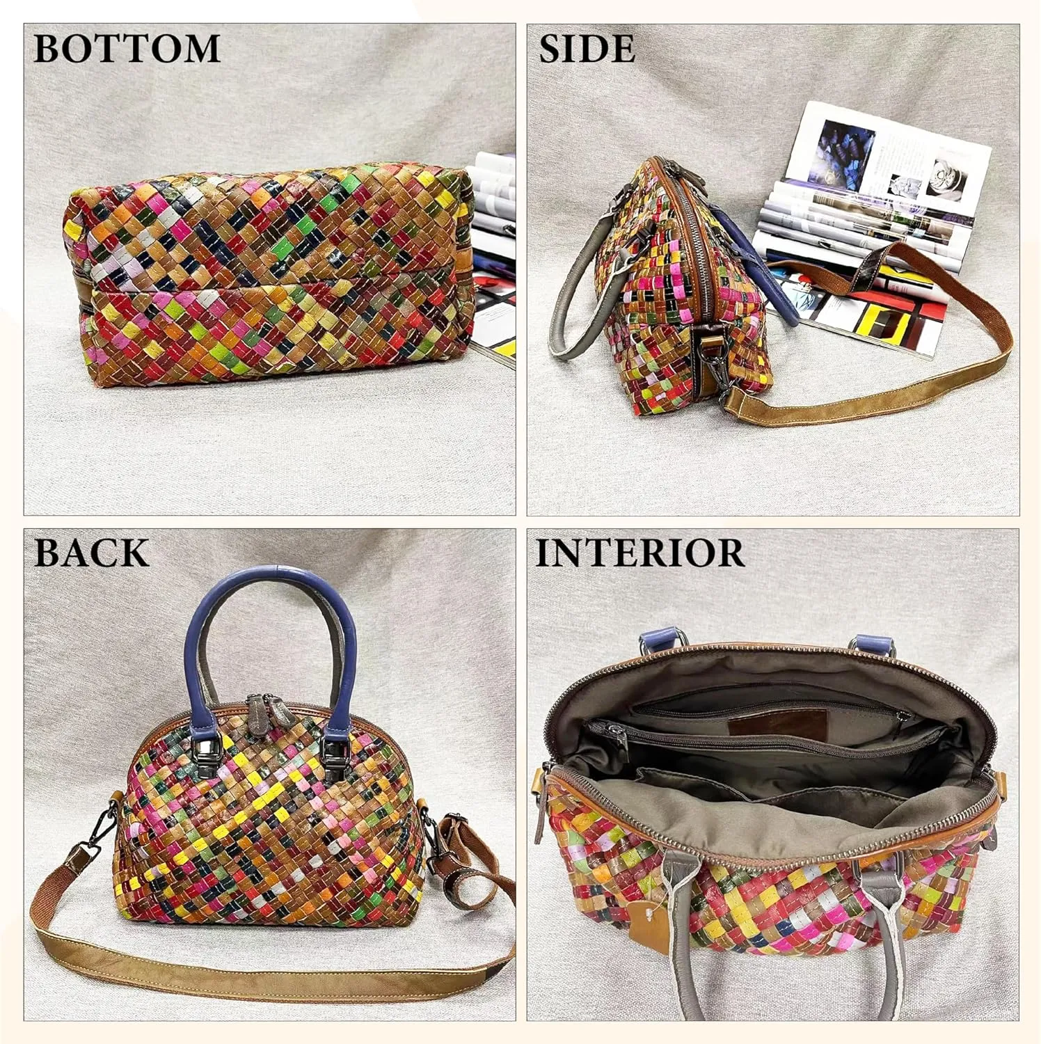 Riutiru Women's Mosaic Style Genuine Leather Handwoven Unique Style Diagonal Shoulder Handbag
