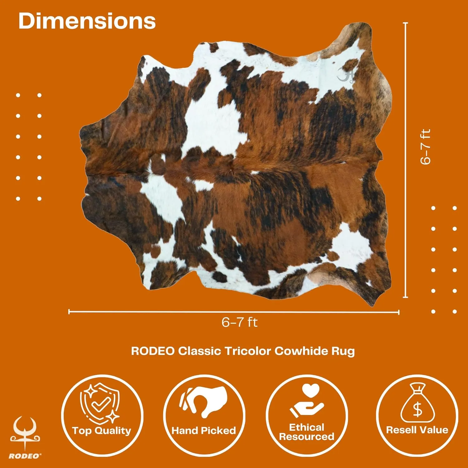 rodeo Genuine Cowhide Rug – Hand-Selected Real Cowhide, Large 6x7ft – Authentic, Durable & Unique Western Decor – Rustic Leather Cowhide Carpet – Tricolor Natural Beauty