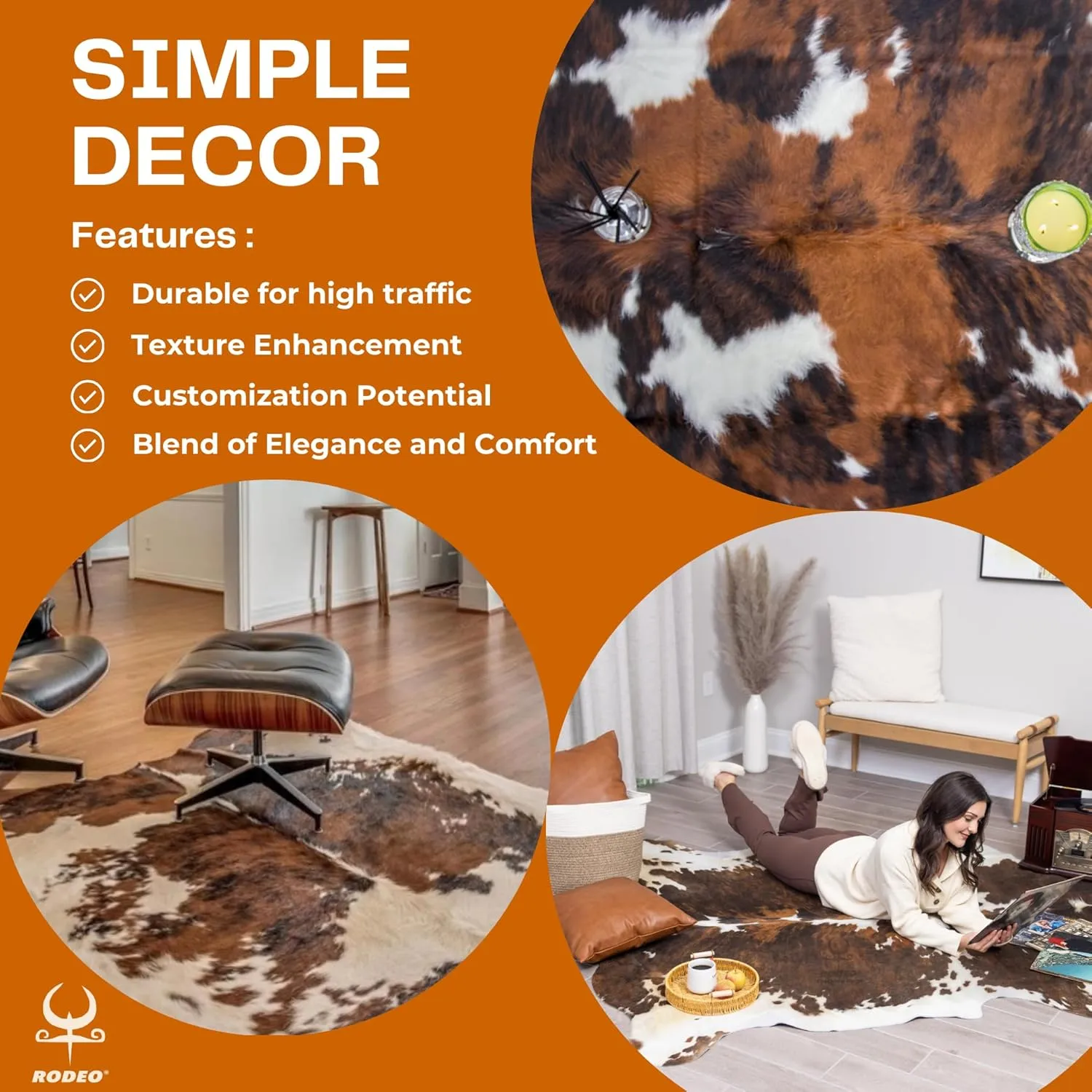 rodeo Genuine Cowhide Rug – Hand-Selected Real Cowhide, Large 6x7ft – Authentic, Durable & Unique Western Decor – Rustic Leather Cowhide Carpet – Tricolor Natural Beauty