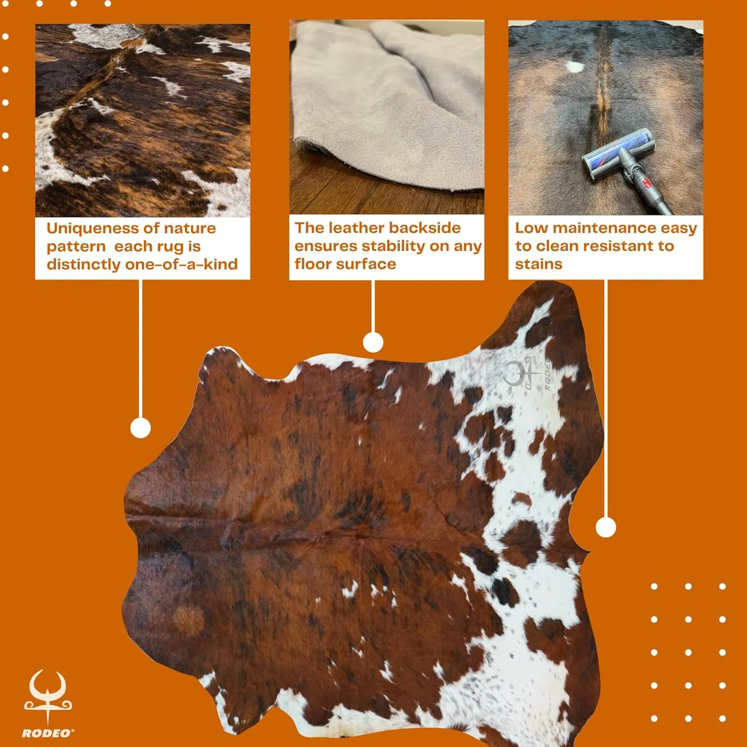 rodeo Genuine Cowhide Rug – Hand-Selected Real Cowhide, Large 6x7ft – Authentic, Durable & Unique Western Decor – Rustic Leather Cowhide Carpet – Tricolor Natural Beauty