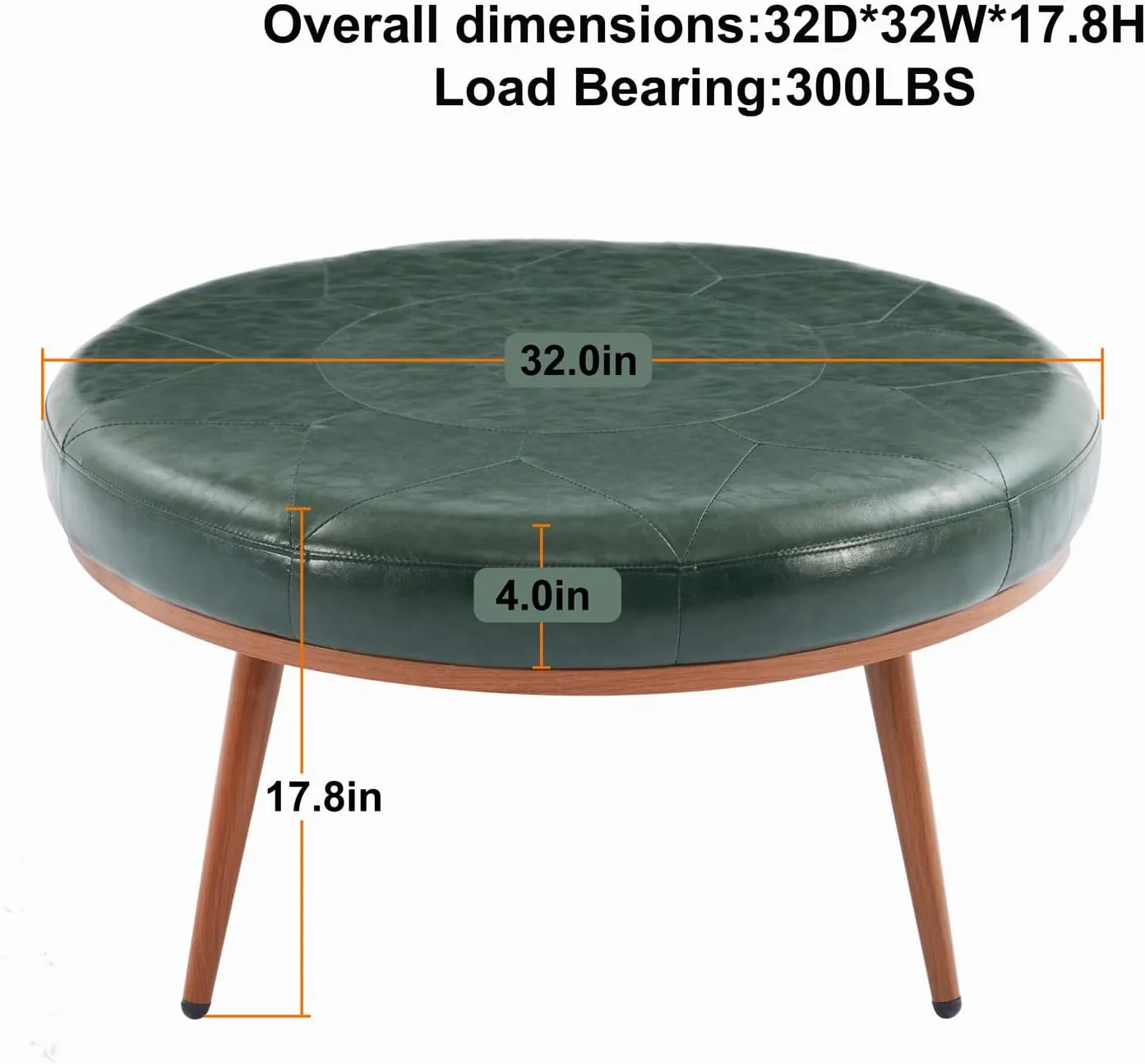Round Ottoman Coffee Table, Large Faux Leather Cushioned Footstool Ottoman,Stationary Ottomans, Backless Chair, Footrest for Living Room, Round Ottoman Home Décor Upholstered-Green