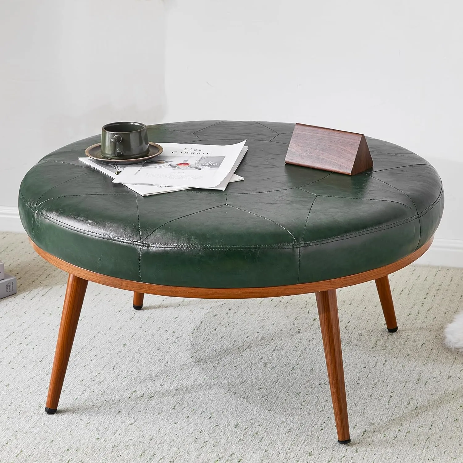 Round Ottoman Coffee Table, Large Faux Leather Cushioned Footstool Ottoman,Stationary Ottomans, Backless Chair, Footrest for Living Room, Round Ottoman Home Décor Upholstered-Green