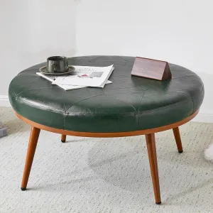 Round Ottoman Coffee Table, Large Faux Leather Cushioned Footstool Ottoman,Stationary Ottomans, Backless Chair, Footrest for Living Room, Round Ottoman Home Décor Upholstered-Green