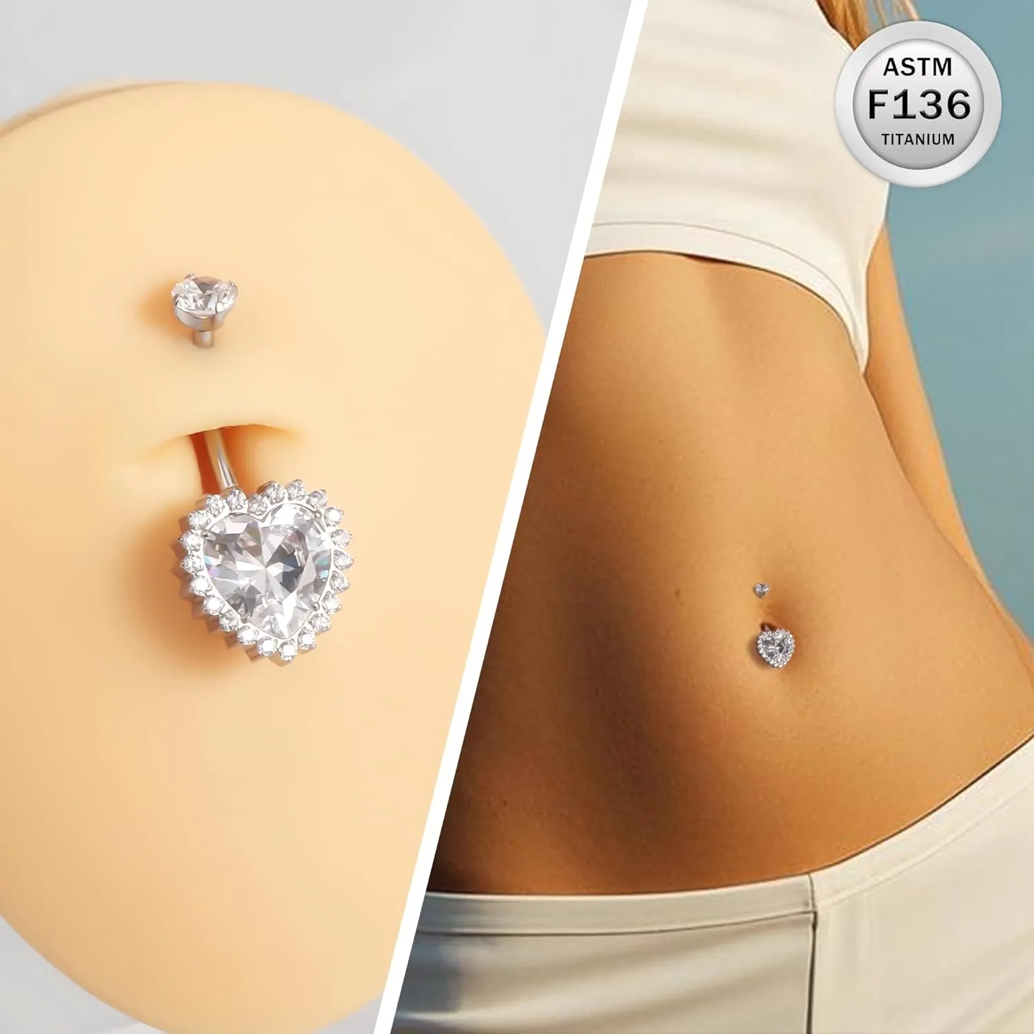 Ruifan ASTM F136 Titanium Belly Button Rings Heart Cubic Zircon Opal Hypoallergenic Internally Threaded 14G Navel Body Piercing Jewelry 10mm 12mm 14mm For Women