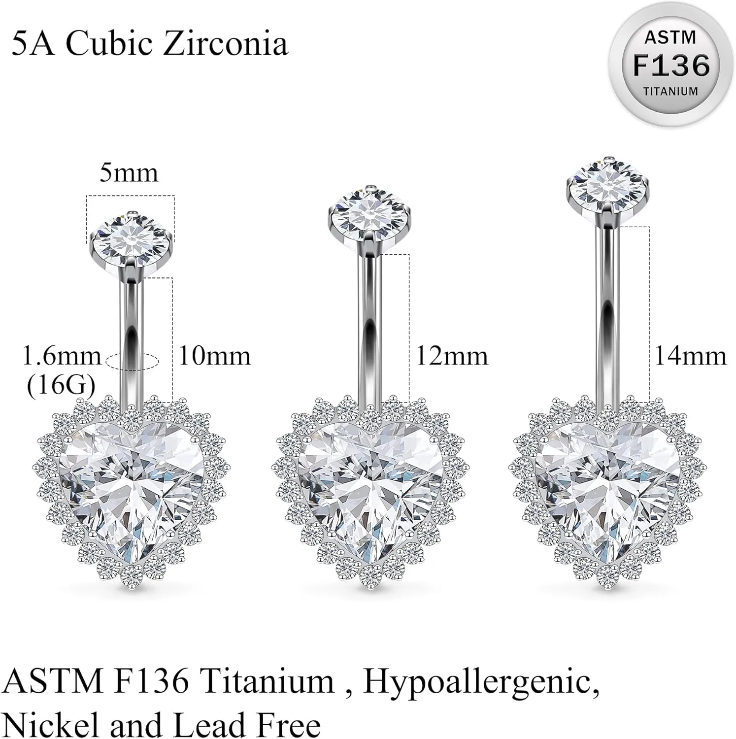 Ruifan ASTM F136 Titanium Belly Button Rings Heart Cubic Zircon Opal Hypoallergenic Internally Threaded 14G Navel Body Piercing Jewelry 10mm 12mm 14mm For Women