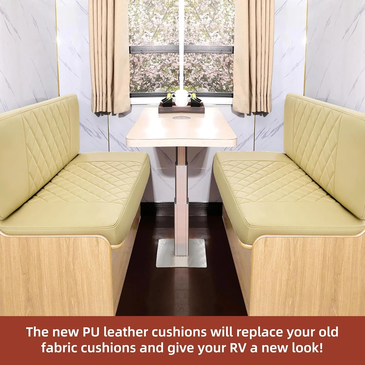 RV Dinette Cushions,2 Sets of PU Leather Replacement Camper Cushions Includes 2 Booth Seats and 2 Backrests for RV,Camper,Trailer Bed (Beige,38")