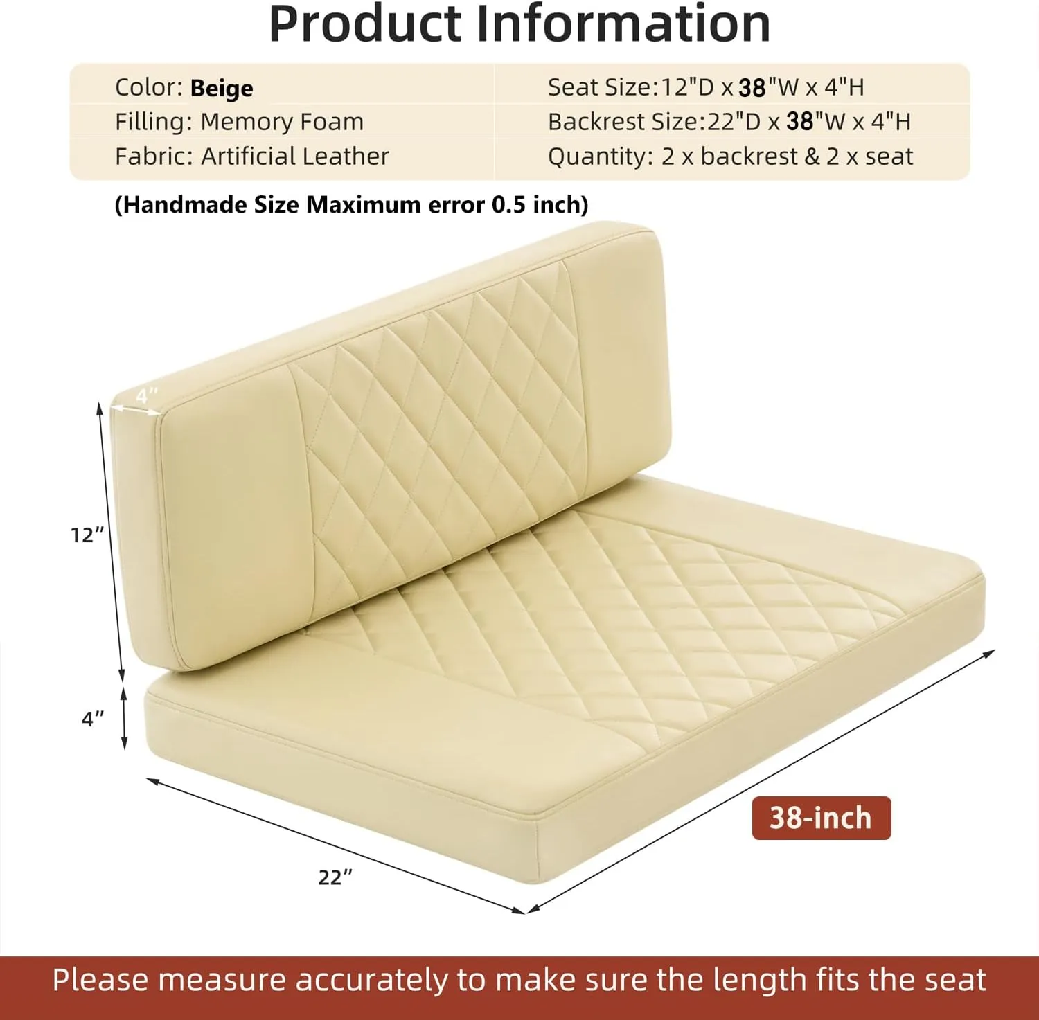 RV Dinette Cushions,2 Sets of PU Leather Replacement Camper Cushions Includes 2 Booth Seats and 2 Backrests for RV,Camper,Trailer Bed (Beige,38")