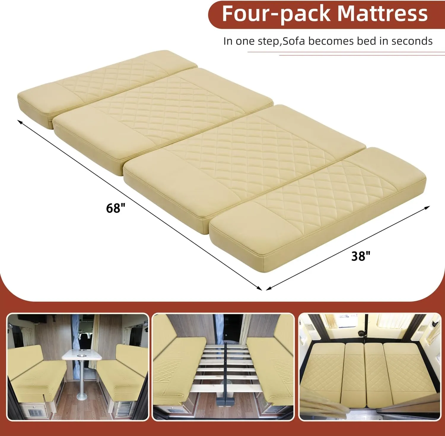 RV Dinette Cushions,2 Sets of PU Leather Replacement Camper Cushions Includes 2 Booth Seats and 2 Backrests for RV,Camper,Trailer Bed (Beige,38")