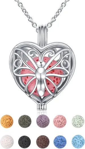 S925 Sterling Silver Aromatherapy Essential Oil Diffuser Necklace Love Heart Butterfly Locket Perfume Pendant Necklace Jewelry 18 2 inches with 10 PCS Stones