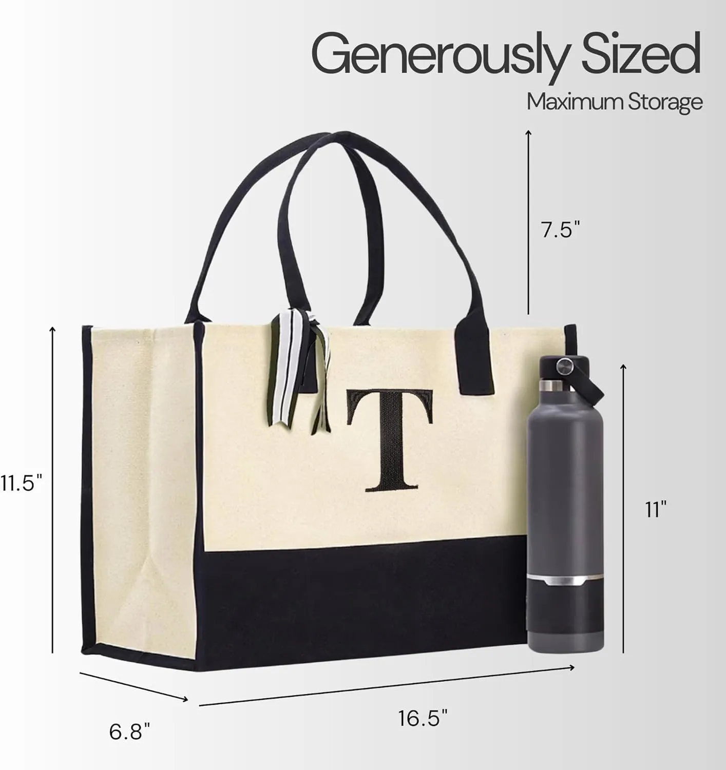 Salt Earth 100% Cotton Personalized Everyday Canvas Initial Tote Bag for Women, Monogrammed Large Utility Bag for Beach