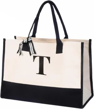 Salt Earth 100% Cotton Personalized Everyday Canvas Initial Tote Bag for Women, Monogrammed Large Utility Bag for Beach