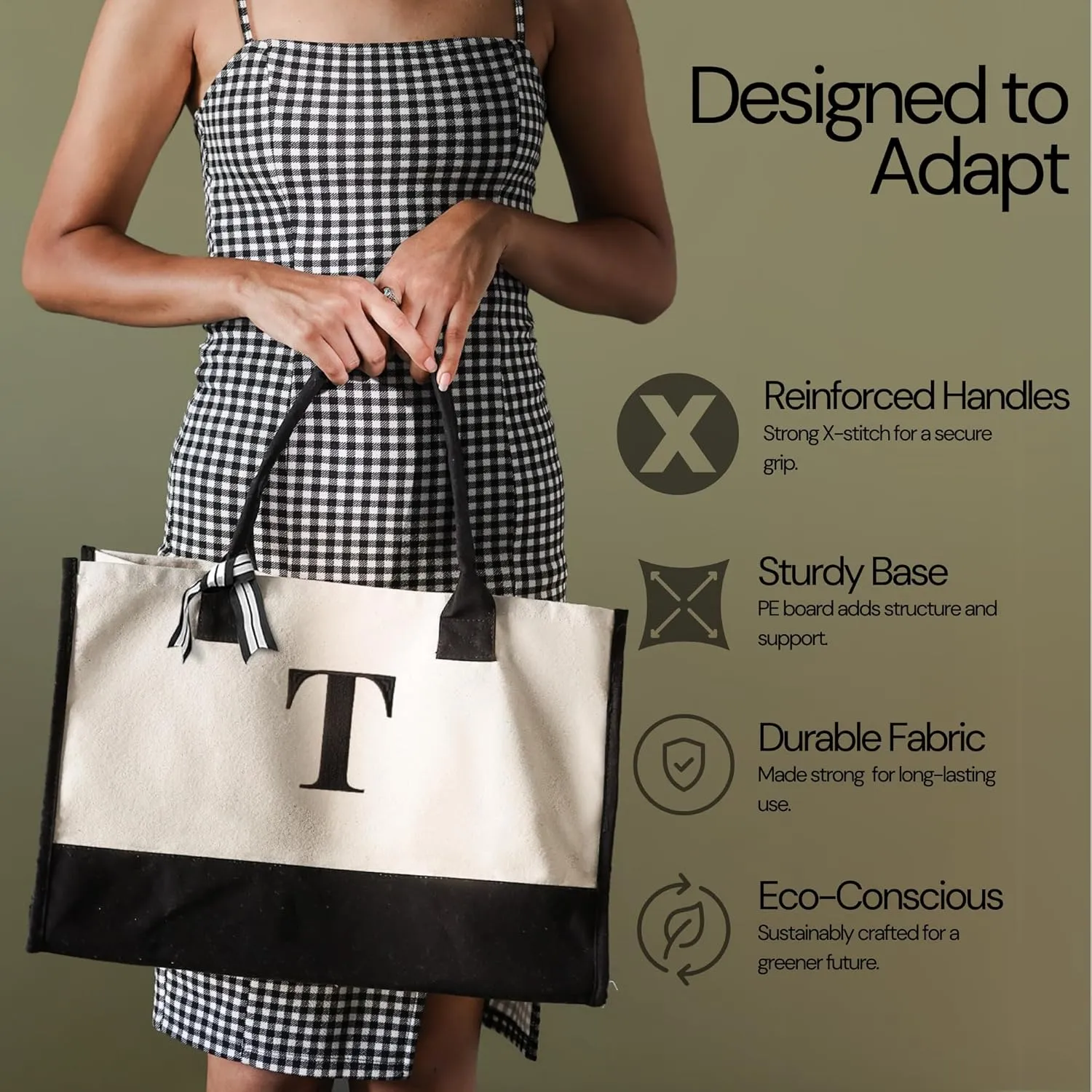Salt Earth 100% Cotton Personalized Everyday Canvas Initial Tote Bag for Women, Monogrammed Large Utility Bag for Beach
