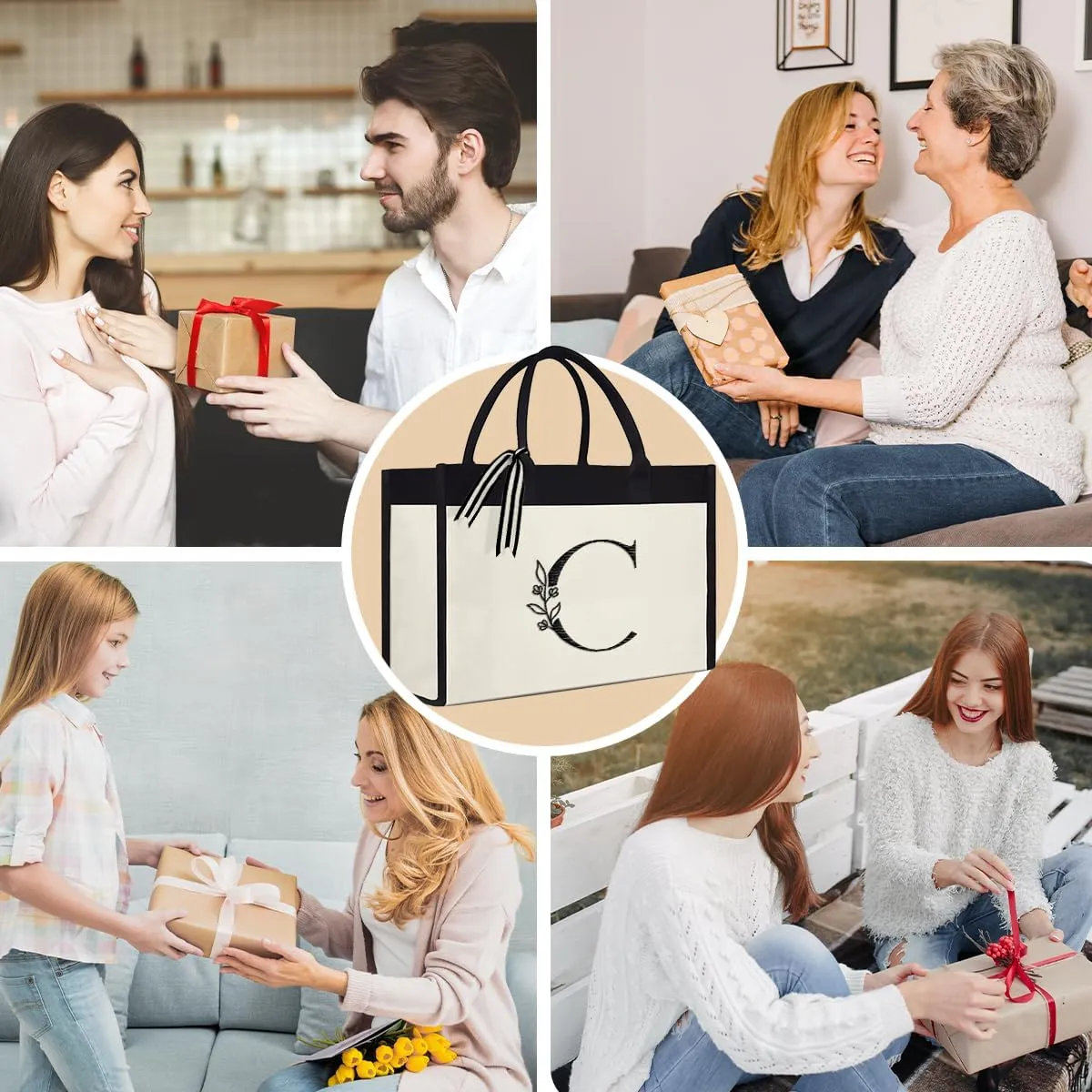 SANDJEST Initial Canvas Tote Bag Embroidered Monogrammed Beach Bags Gift for Women Friend Coworker Bridesmaid