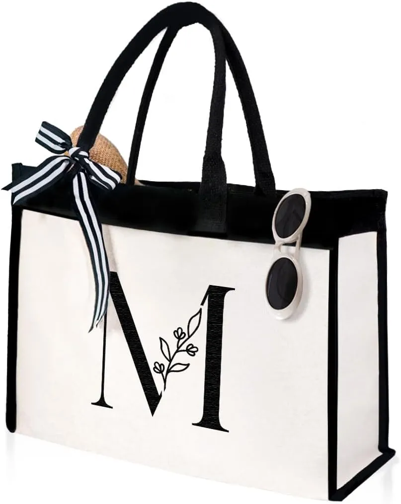 SANDJEST Initial Canvas Tote Bag Embroidered Monogrammed Beach Bags Gift for Women Friend Coworker Bridesmaid
