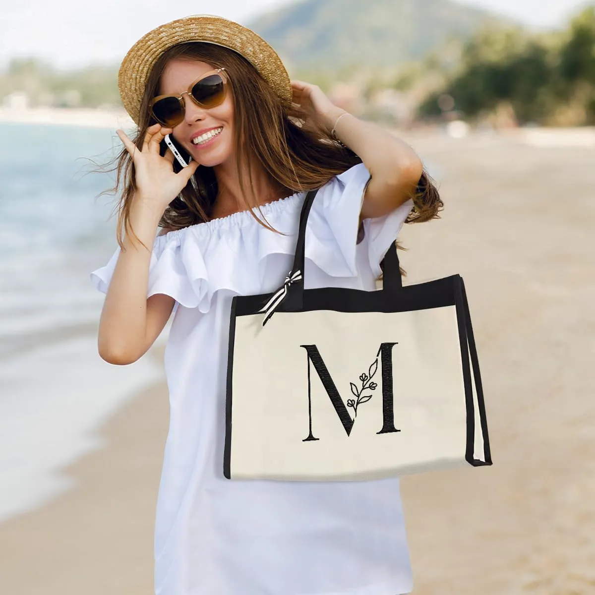 SANDJEST Initial Canvas Tote Bag Embroidered Monogrammed Beach Bags Gift for Women Friend Coworker Bridesmaid