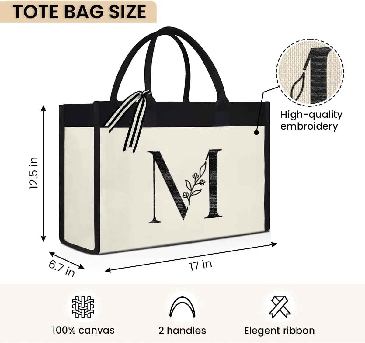 SANDJEST Initial Canvas Tote Bag Embroidered Monogrammed Beach Bags Gift for Women Friend Coworker Bridesmaid