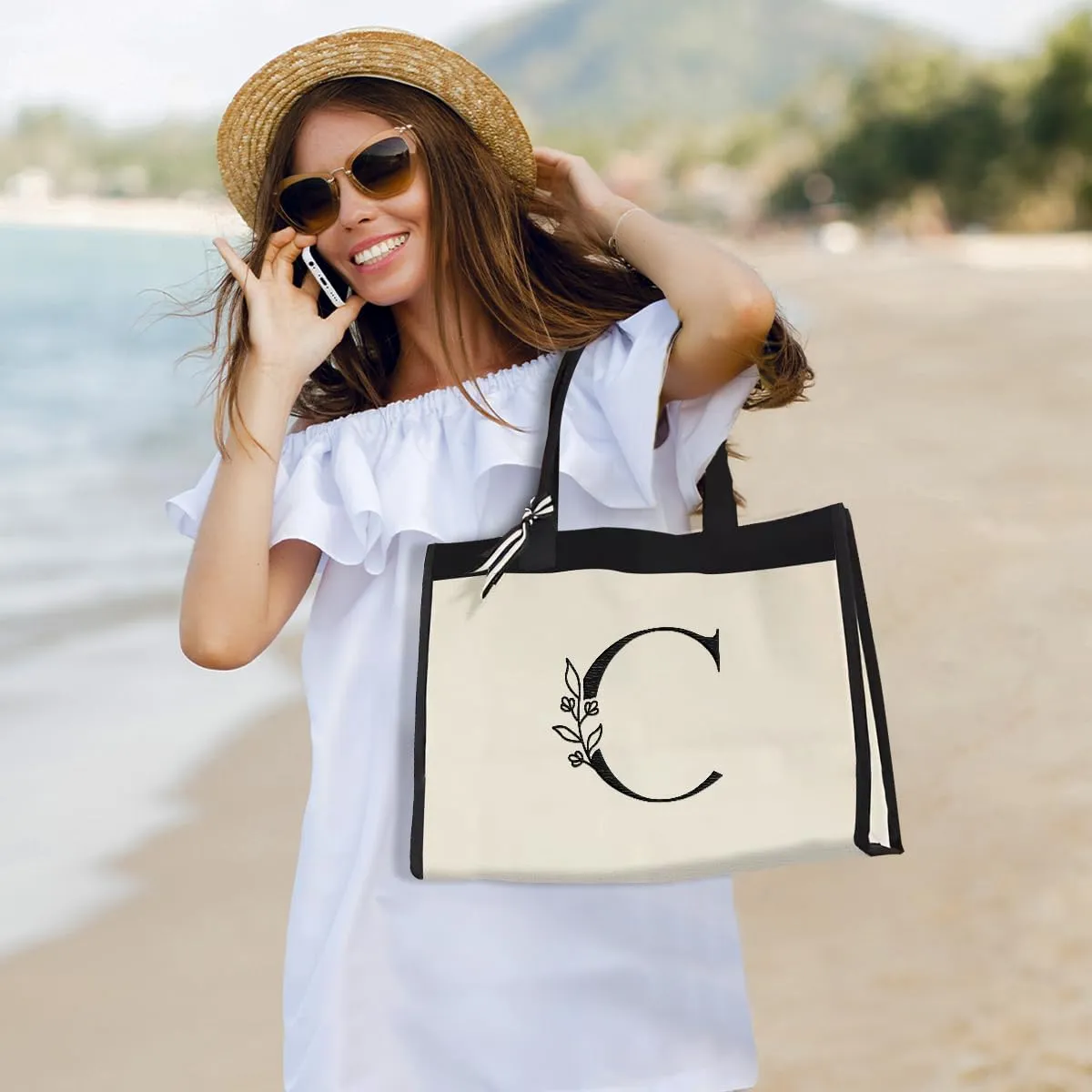 SANDJEST Initial Canvas Tote Bag Embroidered Monogrammed Beach Bags Gift for Women Friend Coworker Bridesmaid