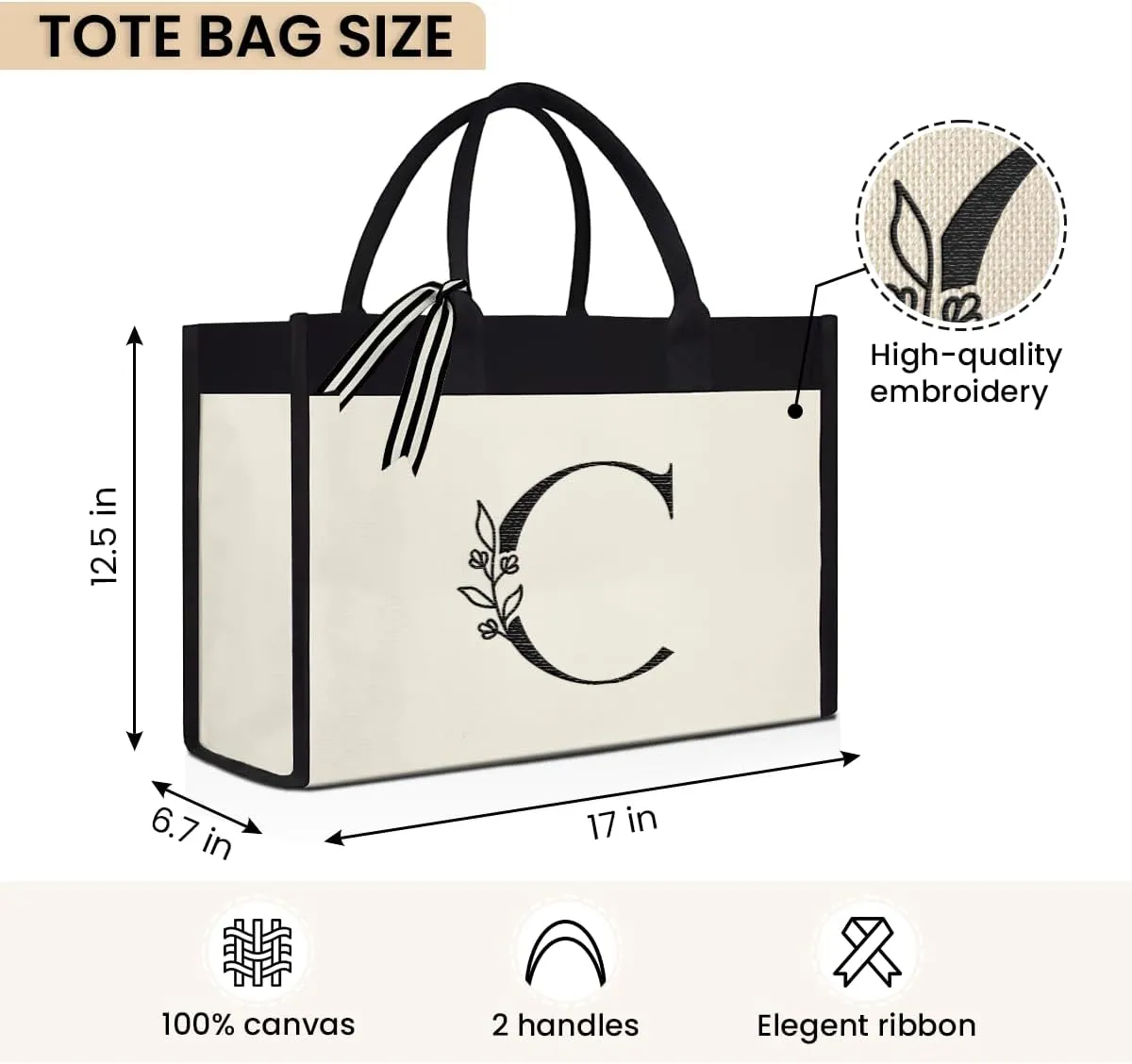 SANDJEST Initial Canvas Tote Bag Embroidered Monogrammed Beach Bags Gift for Women Friend Coworker Bridesmaid