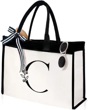 SANDJEST Initial Canvas Tote Bag Embroidered Monogrammed Beach Bags Gift for Women Friend Coworker Bridesmaid