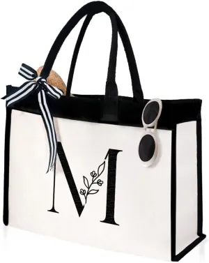 SANDJEST Initial Canvas Tote Bag Embroidered Monogrammed Beach Bags Gift for Women Friend Coworker Bridesmaid