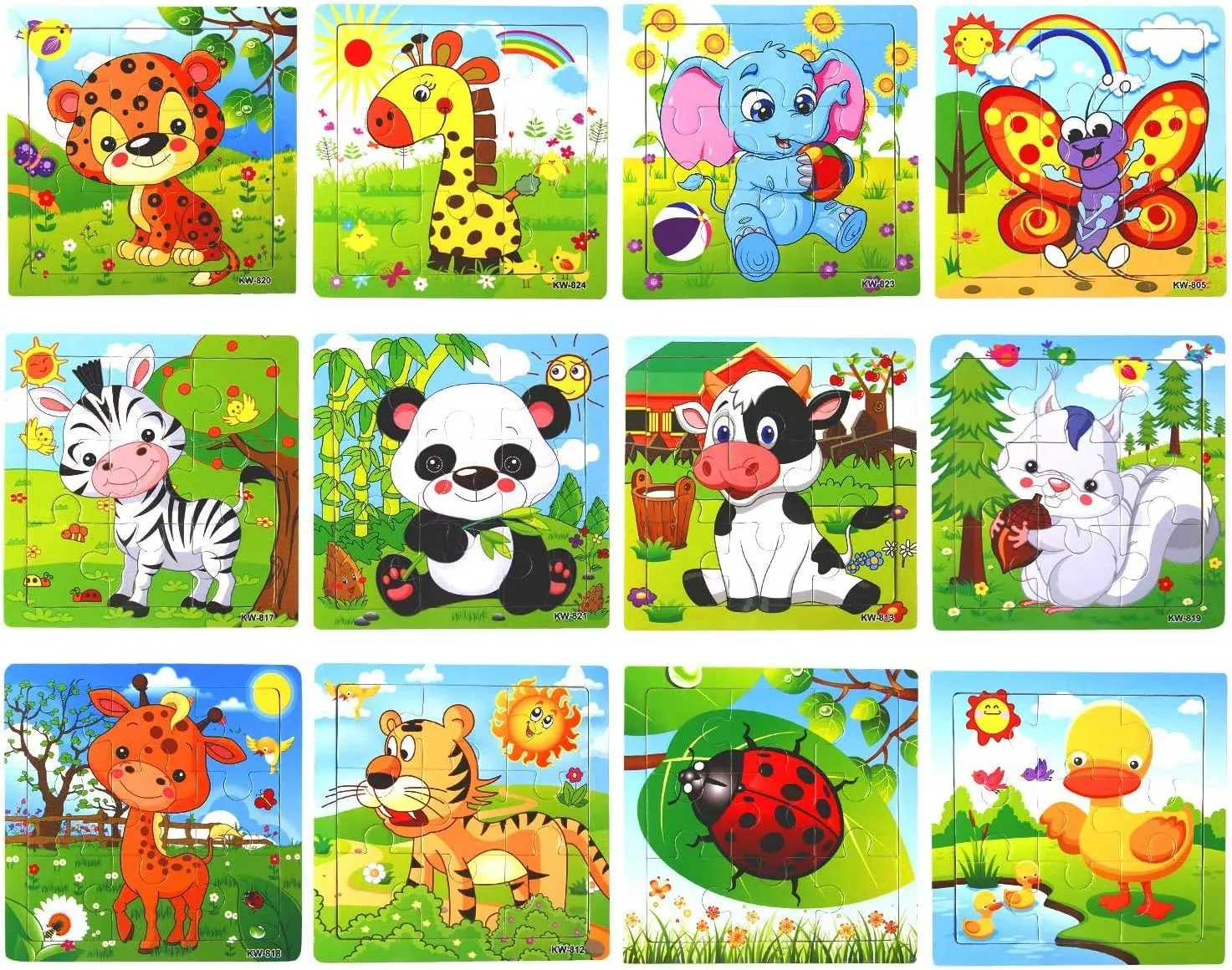 SANNIX 12 Pack Jigsaw Puzzles for Toddlers Wooden Animals Jigsaw Puzzles 9 pcs with 12 Organize Bags for Kids Ages 2 3 4 5 Preschool Educational Puzzles Learning Travel Toys for Boys and Girls