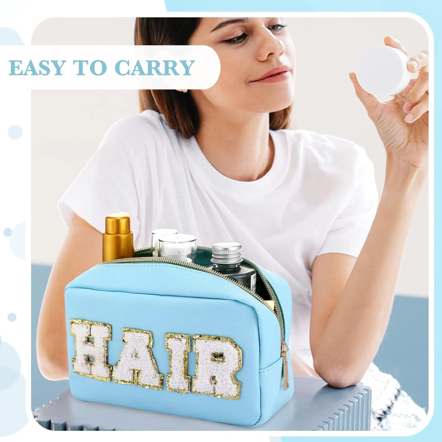 Sanwuta 4 Pcs Hair Face Skin Travel Bag Set Preppy Makeup Pouch PU Leather Skincare Bag Waterproof Cosmetic Organizer Birthday Christmas Gifts(Blue, Pink, Green, Purple,Fresh Style)