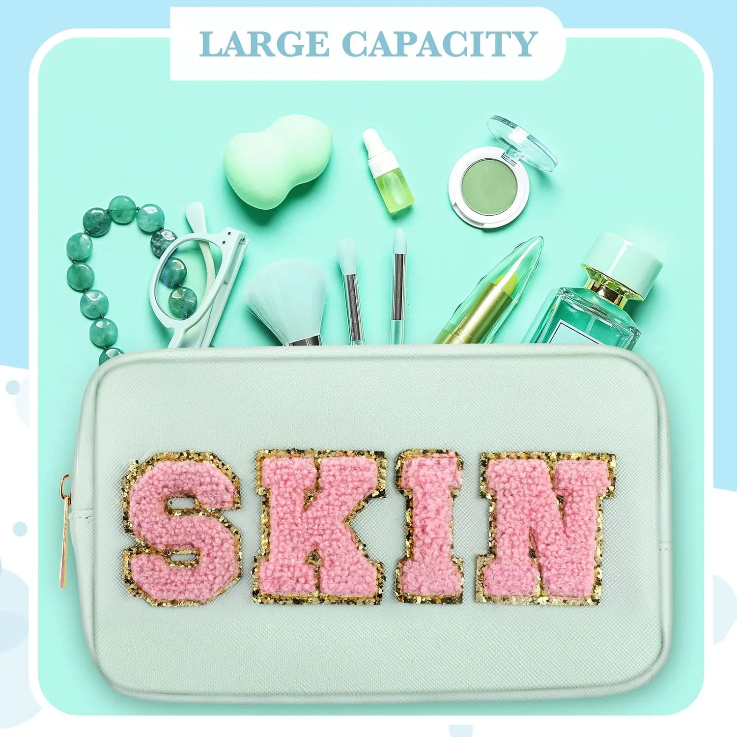 Sanwuta 4 Pcs Hair Face Skin Travel Bag Set Preppy Makeup Pouch PU Leather Skincare Bag Waterproof Cosmetic Organizer Birthday Christmas Gifts(Blue, Pink, Green, Purple,Fresh Style)