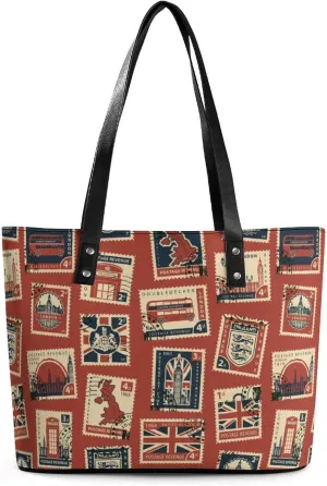 Seamless Pattern with Postage Stamps Theme Women Tote Bags Top Handle Satchel Handbags Faux Leather Tassel Shoulder Purse